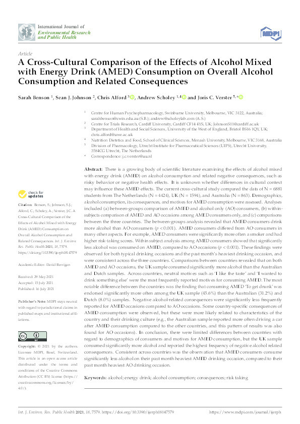 A cross-cultural comparison of the effects of alcohol mixed with energy drink (AMED) consumption on overall alcohol consumption and related consequences Thumbnail