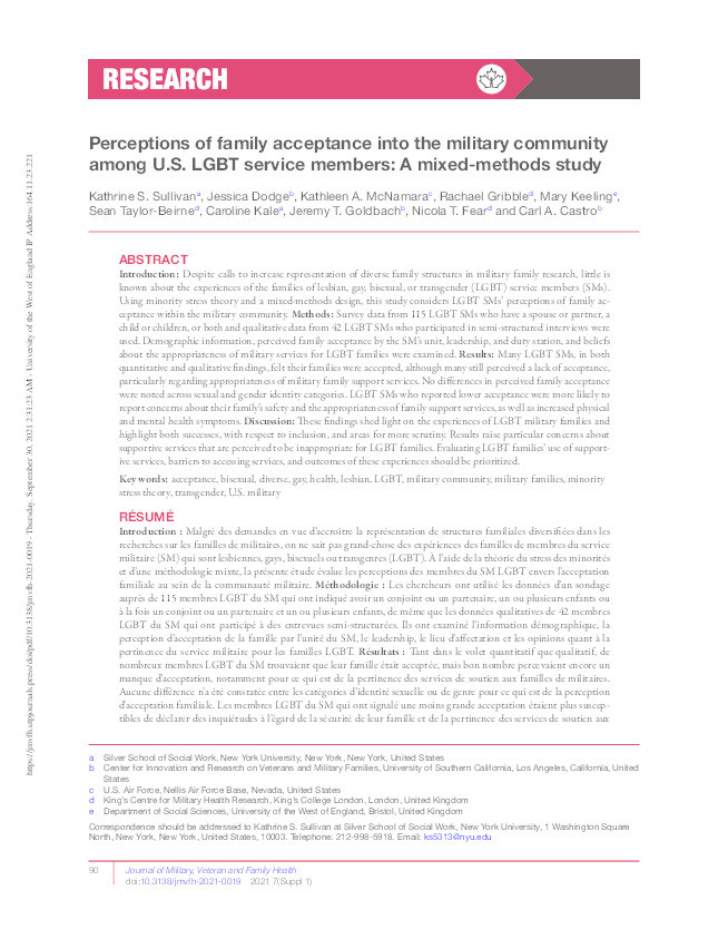 Perceptions of family acceptance into the military community among U.S. LGBT service members: A mixed-methods study Thumbnail