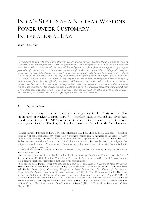 India’s status as a nuclear weapons power under customary international law Thumbnail