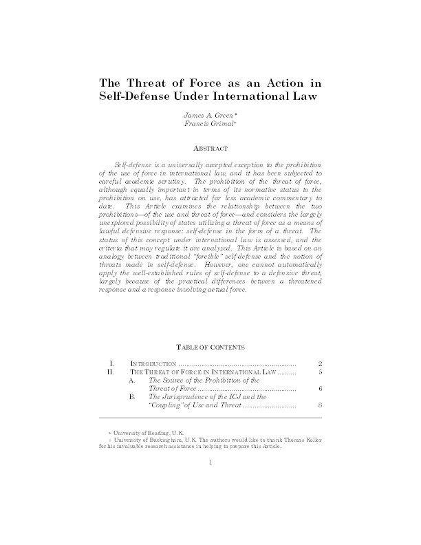 The threat of force as an action in self-defense under international law Thumbnail