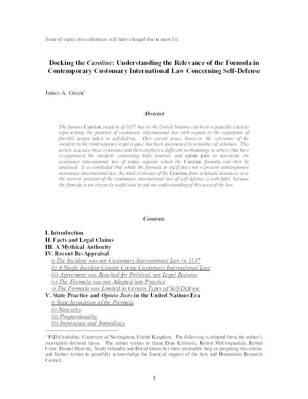 Docking the Caroline: Understanding the relevance of the formula in contemporary customary international law concerning self-defense Thumbnail