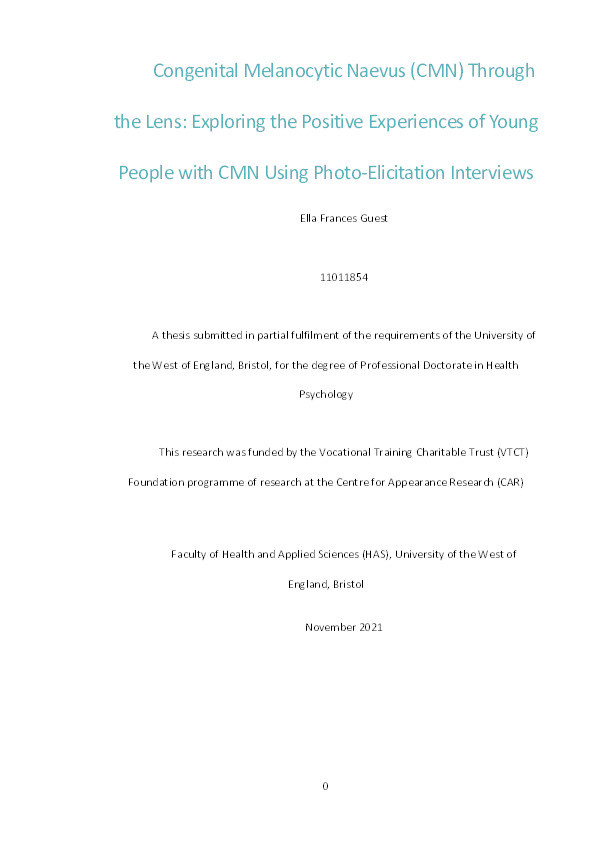 Congenital Melanocytic Naevus (CMN) through the lens: Exploring the positive experiences of young people with CMN using photo-elicitation interviews Thumbnail