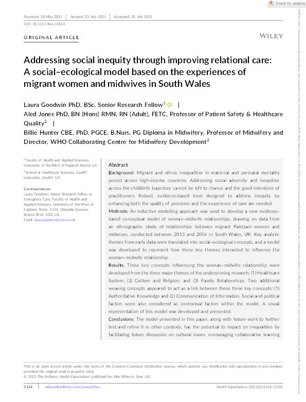 Addressing social inequity through improving relational care: A social–ecological model based on the experiences of migrant women and midwives in South Wales Thumbnail