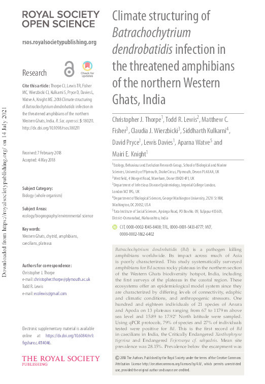 Climate structuring of Batrachochytrium dendrobatidis infection in the threatened amphibians of the northern Western Ghats, India Thumbnail