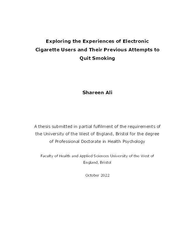 Exploring the experiences of electronic cigarette users and their previous attempts to quit smoking Thumbnail