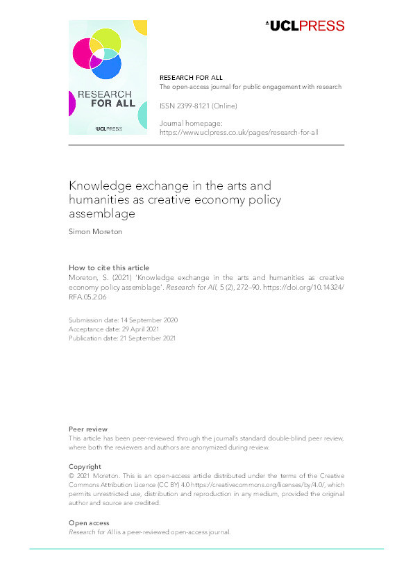 Knowledge exchange in the arts and humanities as creative economy policy assemblage Thumbnail