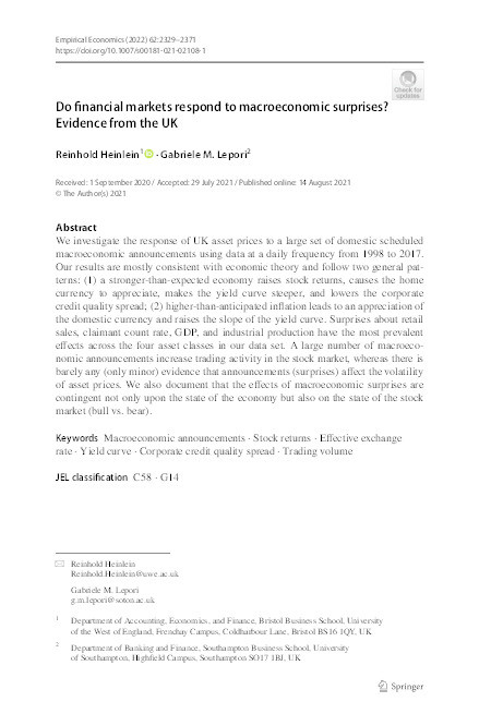 Do financial markets respond to macroeconomic surprises? Evidence from the UK Thumbnail