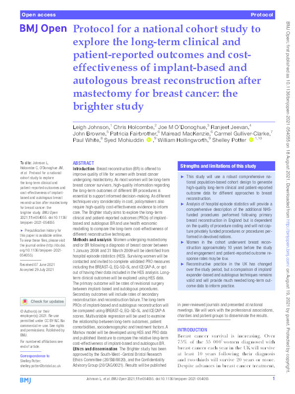 Protocol for a national cohort study to explore the long-term clinical and patient-reported outcomes and cost-effectiveness of implant-based and autologous breast reconstruction after mastectomy for breast cancer: The Brighter Study Thumbnail