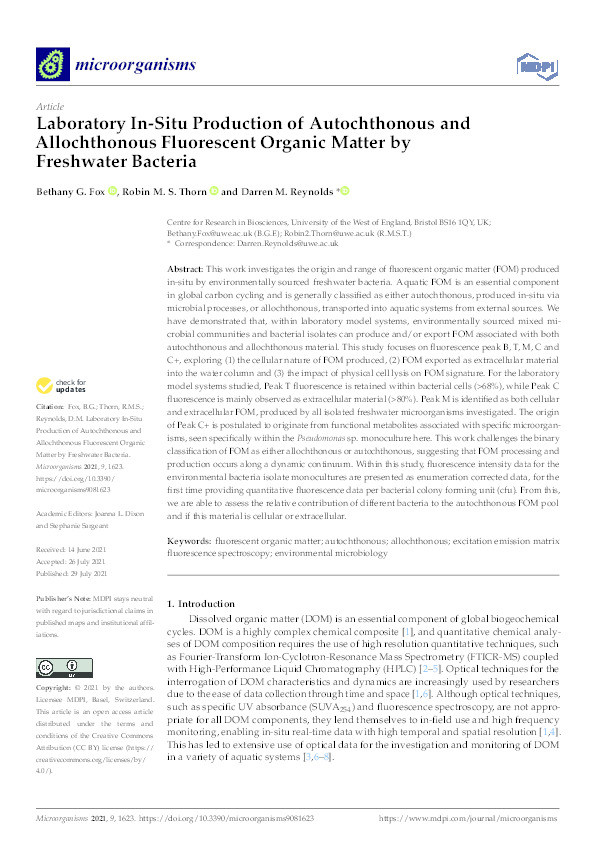 Laboratory in-situ production of autochthonous and allochthonous fluorescent organic matter by freshwater bacteria Thumbnail