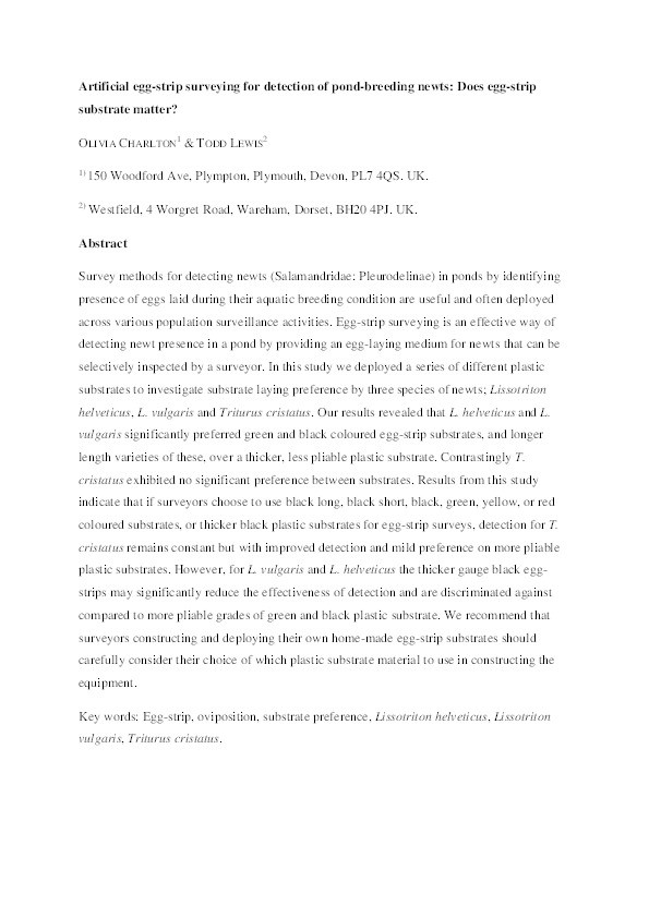 Artificial egg-strip surveying for detection of pond-breeding newts: Does egg-strip substrate matter? Thumbnail