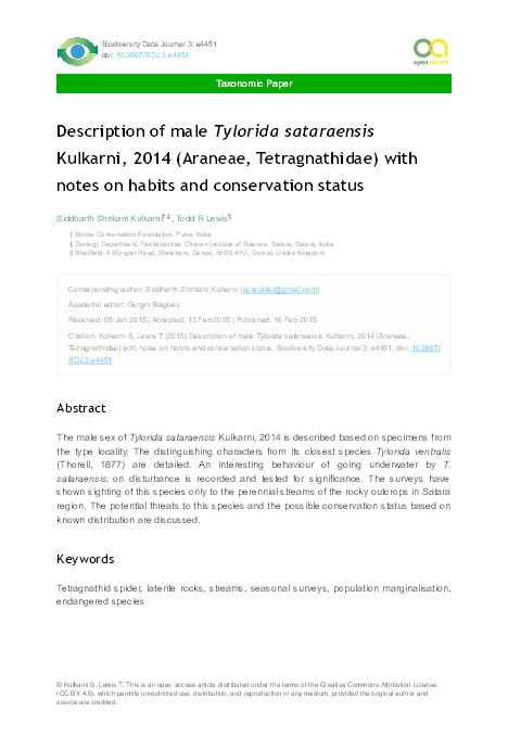 Description of male Tylorida sataraensis Kulkarni, 2014 (Araneae, Tetragnathidae) with notes on habits and conservation status Thumbnail