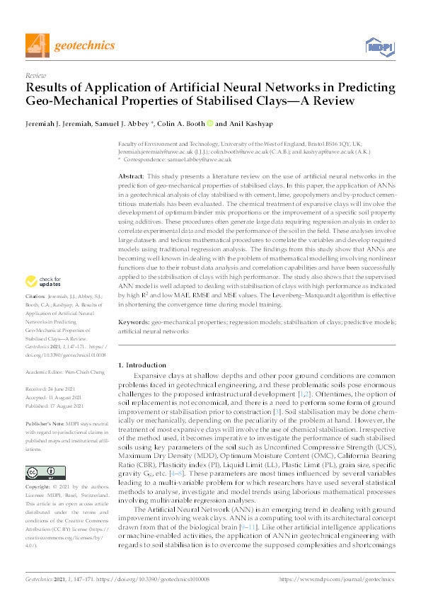 Results of application of artificial neural networks in predicting geo-mechanical properties of stabilised clays - A Review Thumbnail