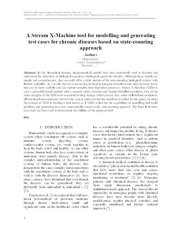 A Stream X-Machine tool for modelling and generating test cases for chronic diseases based on state-counting approach Thumbnail