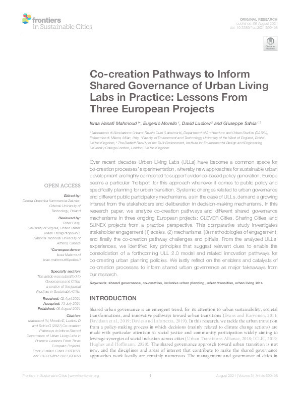 Co-creation pathways to inform shared governance of urban living labs in practice: Lessons from three European projects Thumbnail