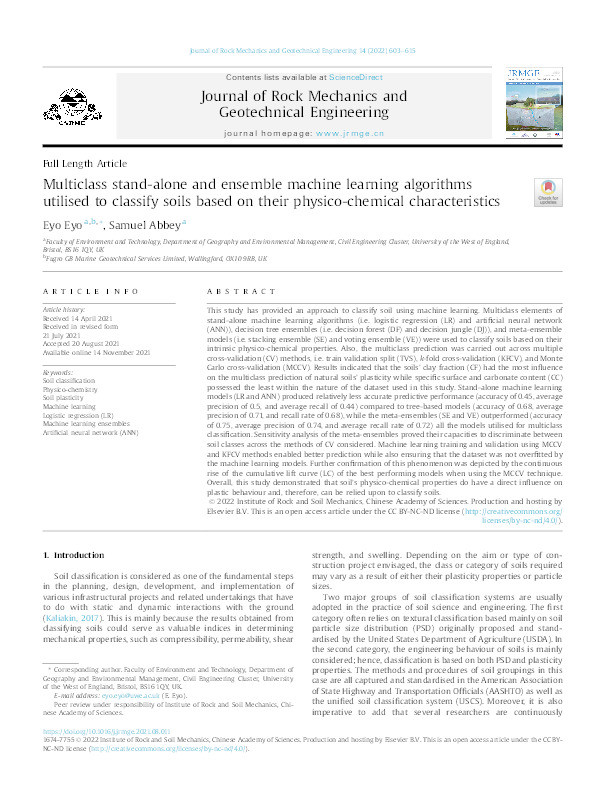 Multiclass stand-alone and ensemble machine learning algorithms utilised to classify soils based on their physico-chemical characteristics Thumbnail