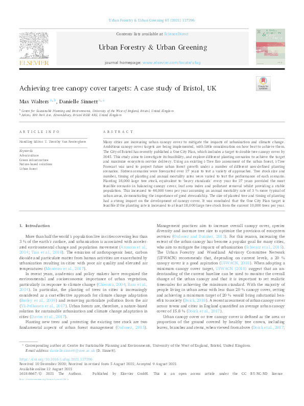 Achieving tree canopy cover targets: A case study of Bristol, UK Thumbnail