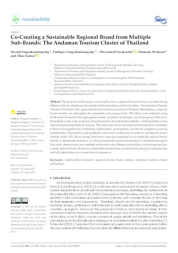 Co-creating a sustainable regional brand from multiple  sub-brands: The Andaman Tourism Cluster of Thailand Thumbnail