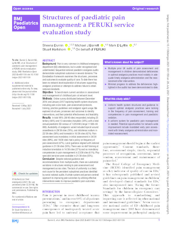 Structures of paediatric pain management: A PERUKI service evaluation study Thumbnail