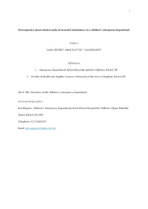 Retrospective observational study of neonatal attendances to a children's emergency department Thumbnail