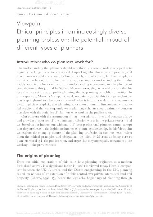 Ethical principles in an increasingly diverse planning profession: The potential impact of different types of planners Thumbnail