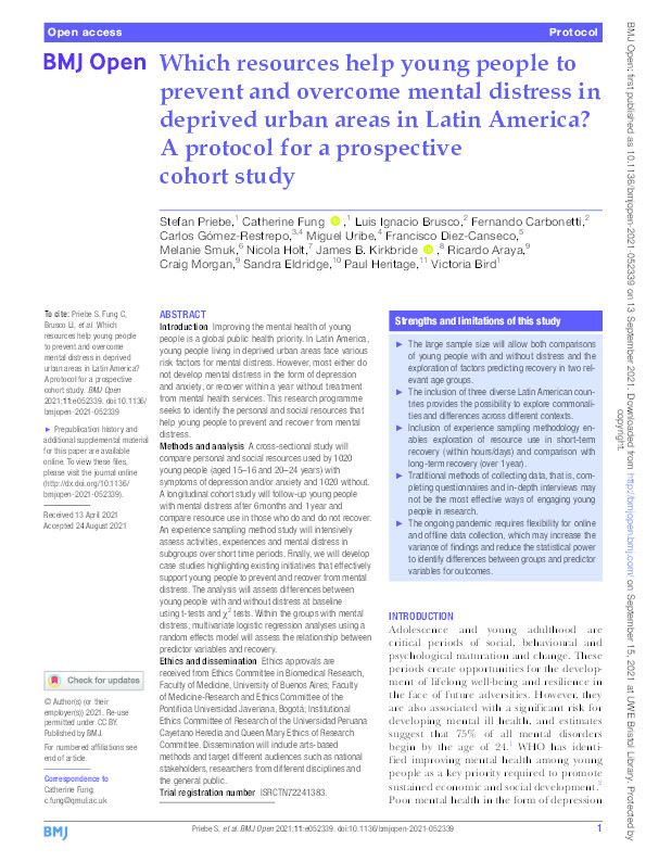 Which resources help young people to prevent and overcome mental distress in deprived urban areas in Latin America? A protocol for a prospective cohort study Thumbnail