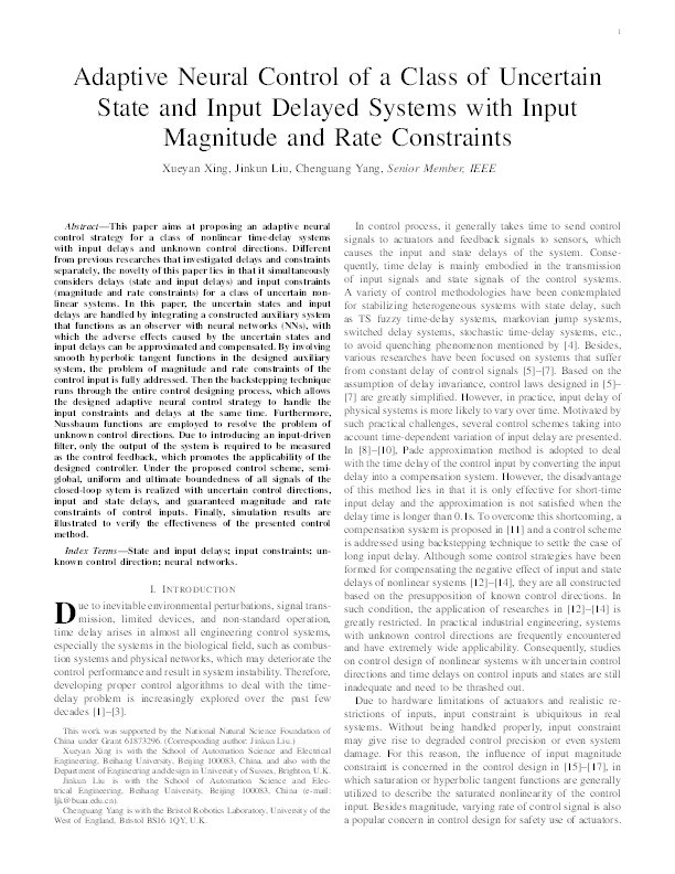 Adaptive neural control of a class of uncertain state and input-delayed systems with input magnitude and rate constraints Thumbnail
