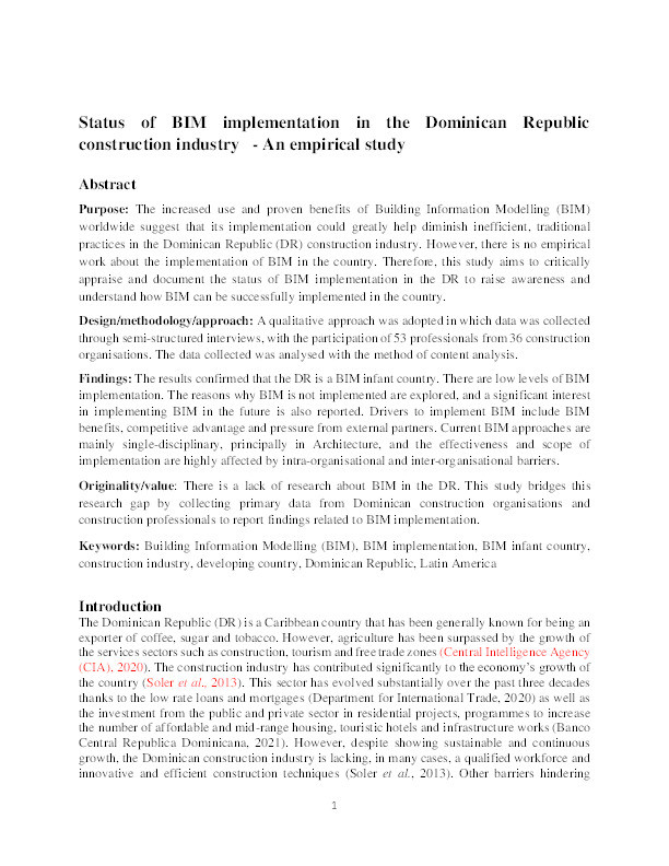 Status of BIM implementation in the Dominican Republic construction industry – an empirical study Thumbnail