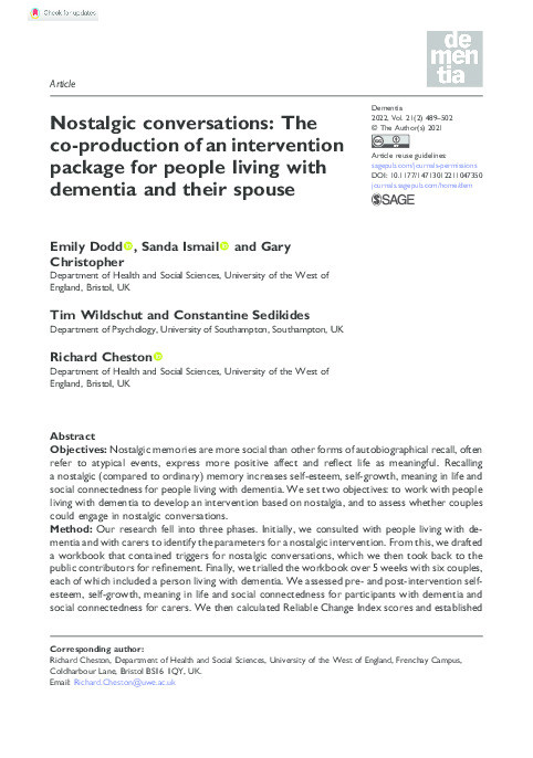 Nostalgic conversations: The co-production of an intervention package for people living with dementia and their spouse Thumbnail