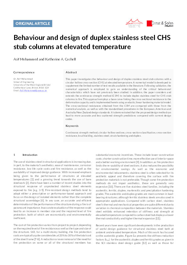 Behaviour and design of duplex stainless steel CHS stub columns at elevated temperature Thumbnail