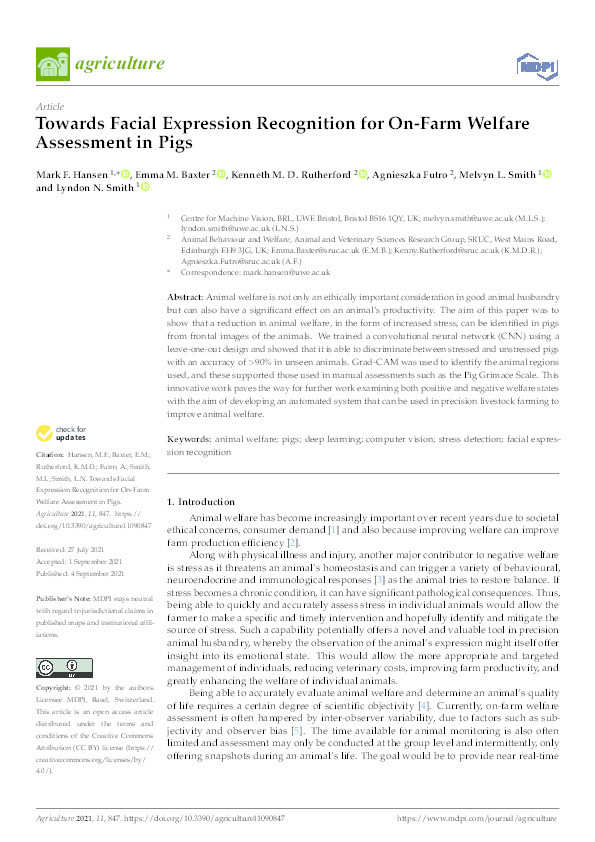 Towards facial expression recognition for on-farm welfare assessment in pigs Thumbnail