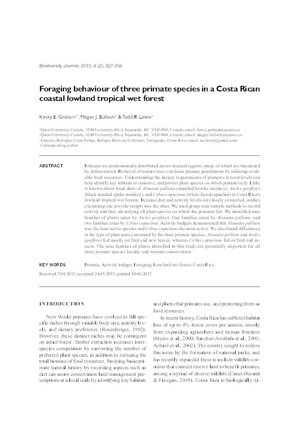 Foraging behaviour of three primate species in a Costa Rican coastal lowland tropical wet forest Thumbnail