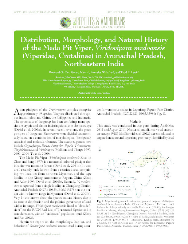 Distribution, morphology, and natural history of the medo pit viper, Viridovipera medoensis (Viperidae, Crotalinae) in Arunachal Pradesh, Northeastern India Thumbnail