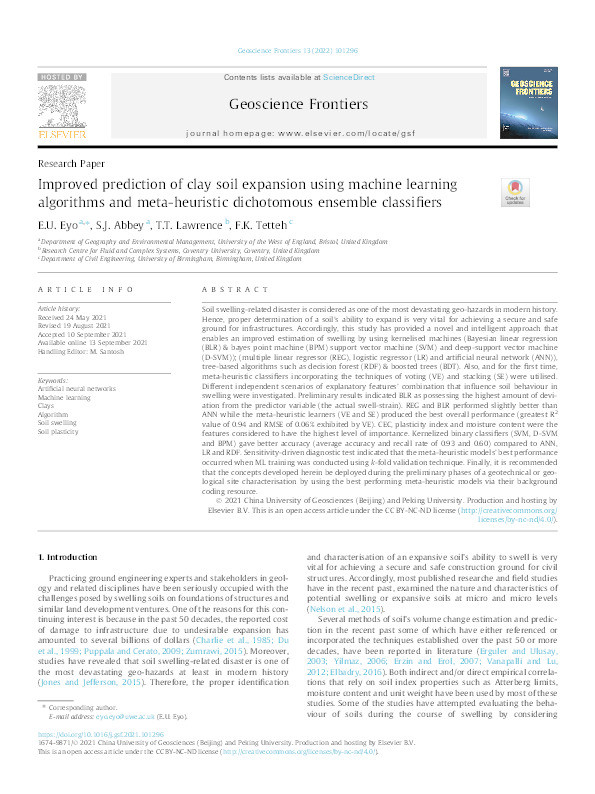 Improved prediction of clay soil expansion using machine learning algorithms and meta-heuristic dichotomous ensemble classifiers Thumbnail