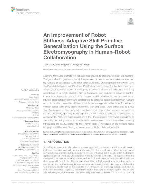 An improvement of robot stiffness-adaptive skill primitive generalization using the surface electromyography in human–robot collaboration Thumbnail
