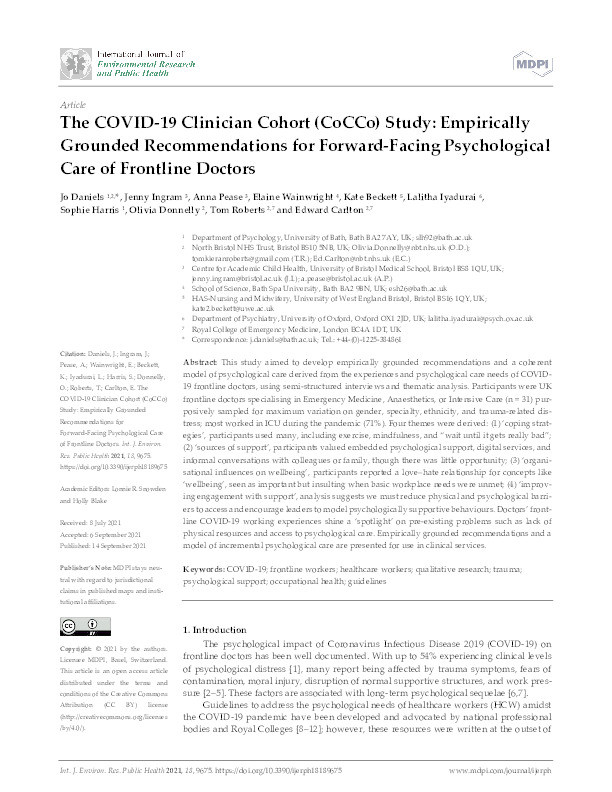 The COVID-19 Clinician Cohort (CoCCo) Study: Empirically grounded recommendations for forward-facing psychological care of frontline doctors Thumbnail