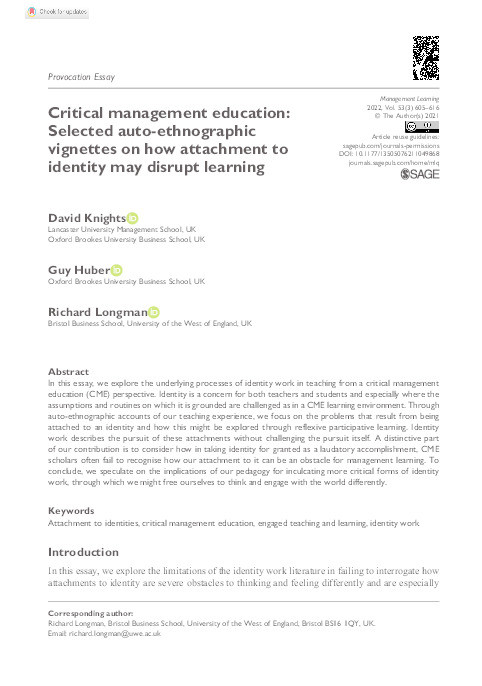 Critical management education: Selected auto-ethnographic vignettes on how attachment to identity may disrupt learning Thumbnail