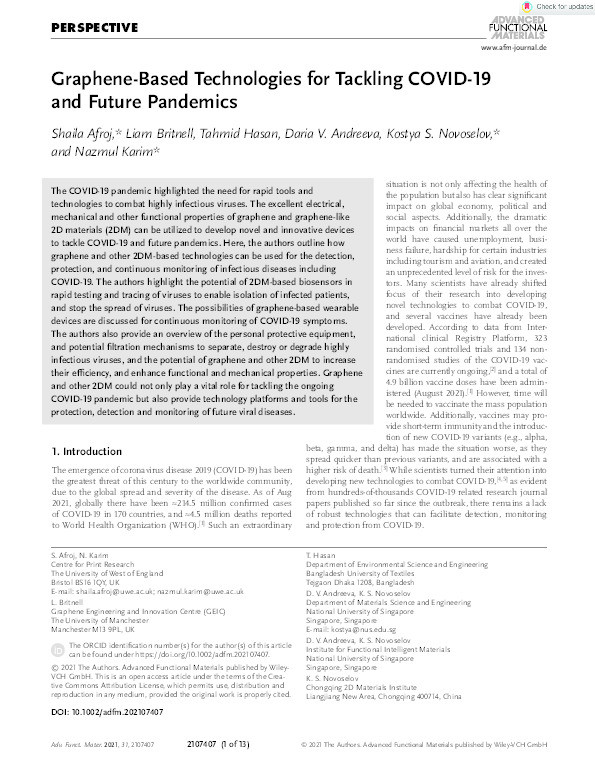 Graphene‐based technologies for tackling COVID‐19 and future pandemics Thumbnail