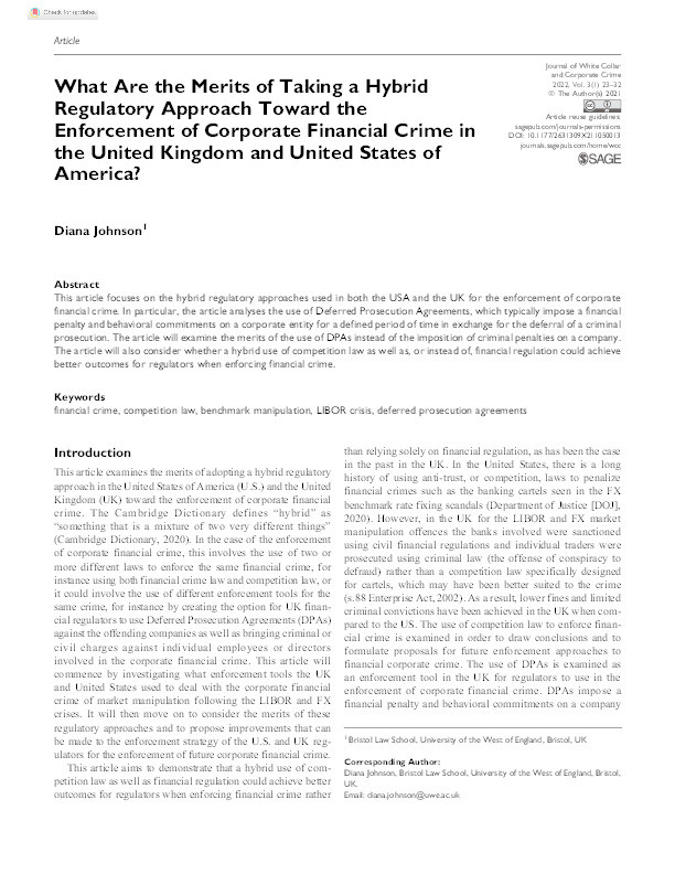 What are the merits of taking a hybrid regulatory approach towards the enforcement of corporate financial crime in the United Kingdom and United States of America? Thumbnail