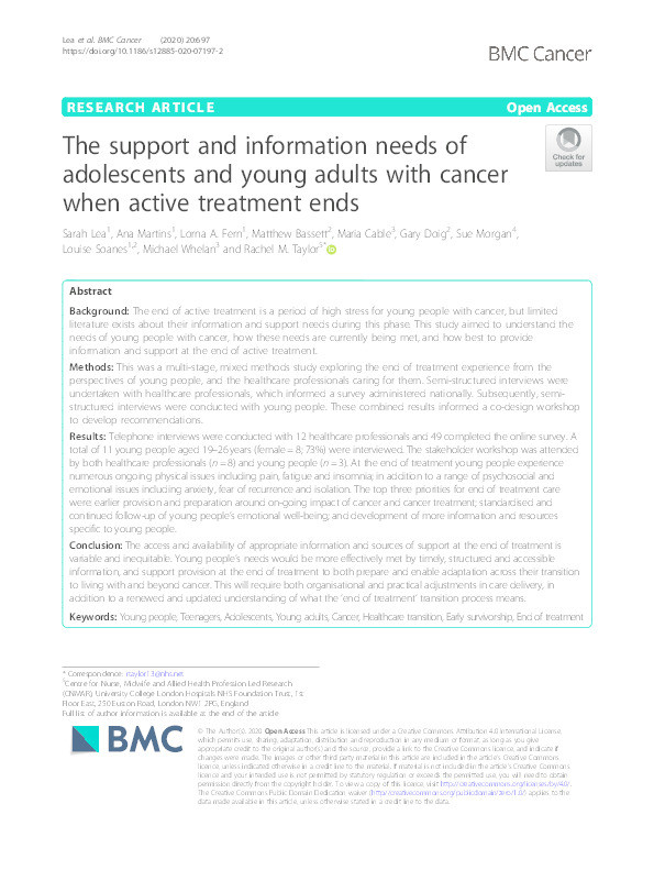 The support and information needs of adolescents and young adults with cancer when active treatment ends Thumbnail