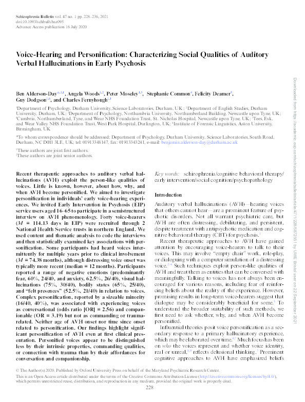 Voice-hearing and personification: Characterizing social qualities of auditory verbal hallucinations in early psychosis Thumbnail