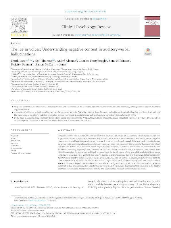 The ice in voices: Understanding negative content in auditory-verbal hallucinations Thumbnail