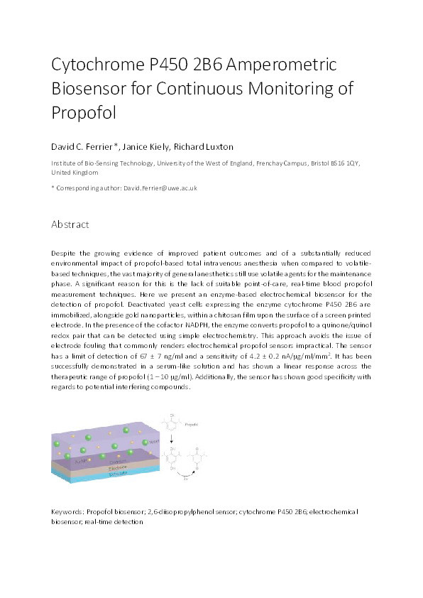Cytochrome P450 2B6 amperometric biosensor for continuous monitoring of propofol Thumbnail