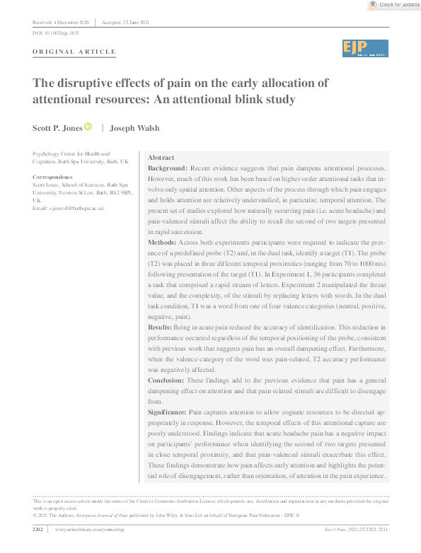 The disruptive effects of pain on the early allocation of attentional resources: An attentional blink study Thumbnail