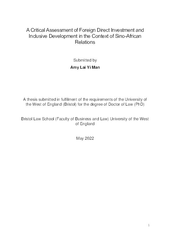 A critical assessment of foreign direct investment and inclusive development in the context of Sino-African relations Thumbnail
