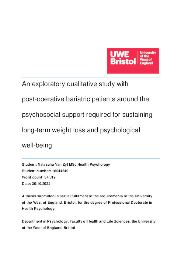 An exploratory qualitative study with post-operative bariatric patients around the psychosocial support required for sustaining long-term weight loss and psychological well-being Thumbnail