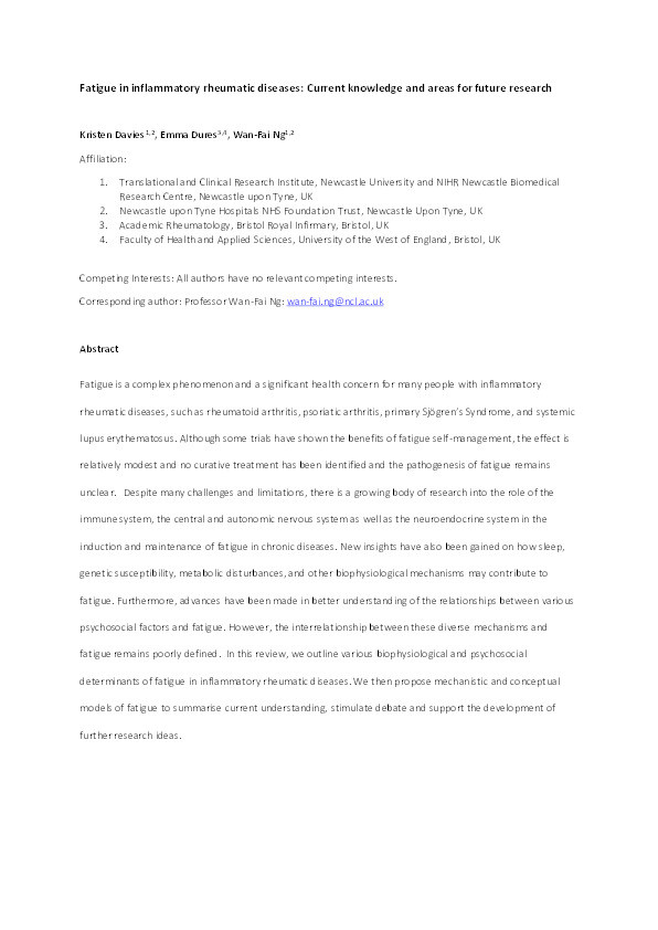 Fatigue in inflammatory rheumatic diseases: Current knowledge and areas for future research Thumbnail