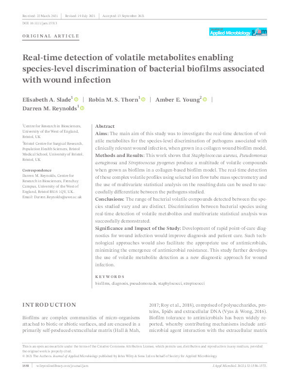 Real-time detection of volatile metabolites enabling species-level discrimination of bacterial biofilms associated with wound infection Thumbnail