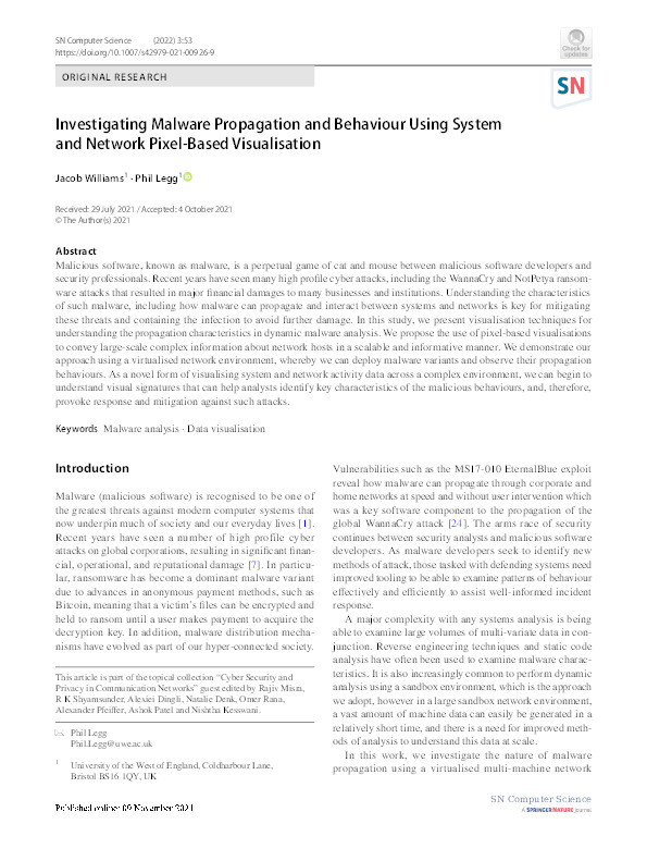 Investigating malware propagation and behaviour using system and network pixel-based visualisation Thumbnail