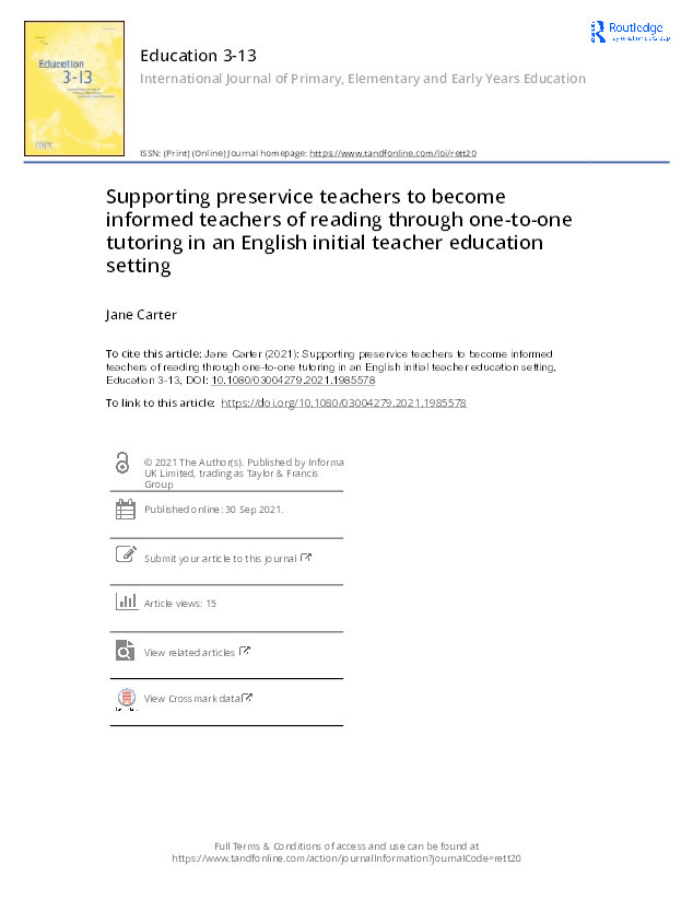 Supporting preservice teachers to become informed teachers of reading through one-to-one tutoring in an English initial teacher education setting Thumbnail