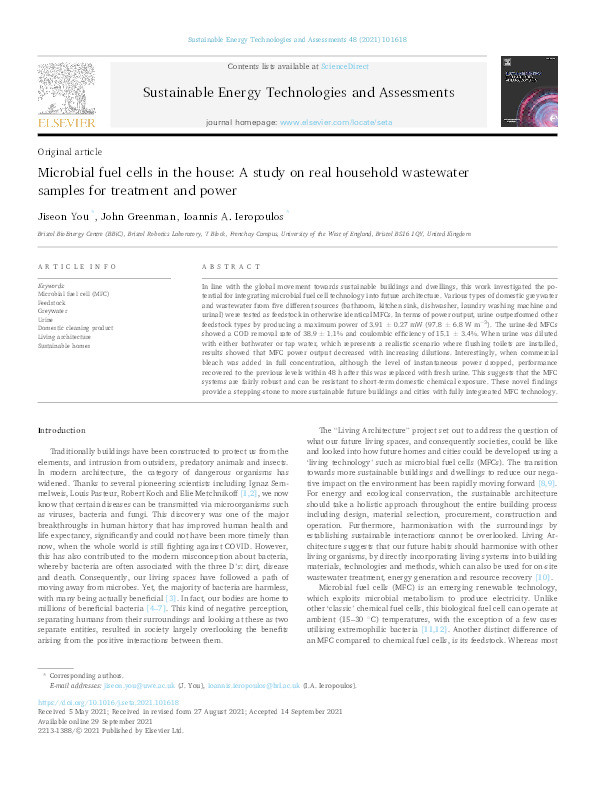 Microbial fuel cells in the house: A study on real household wastewater samples for treatment and power Thumbnail